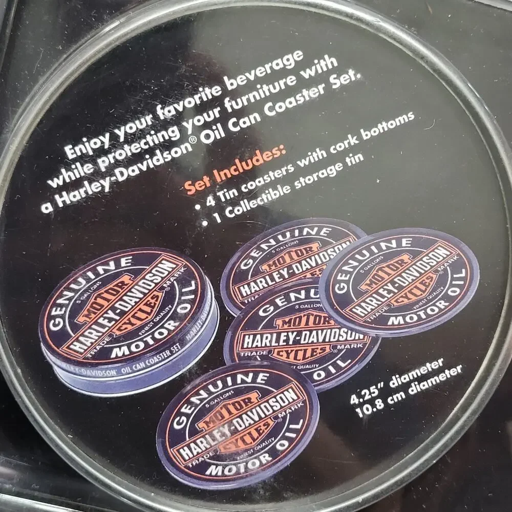 Harley Davidson Oil Can Coaster Set Of 4 Cork Bottom With Storage Tin